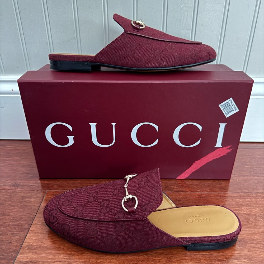 Gucci GG Logo Canvas Monogram Horse Bit Princetown Loafer Mules Burg EU 37 US 7